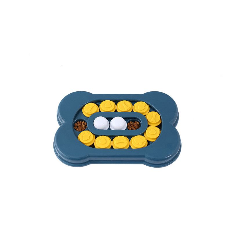 A blue-green bone-shaped treat puzzle with sliding yellow and white pieces