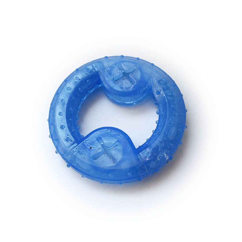 A blue rubber teething ring with raised bumps